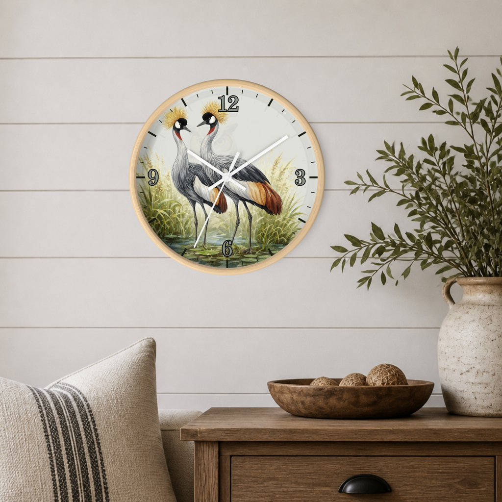 A round wall clock featuring an illustration of two crowned cranes, styled on a light wood-paneled wall above a wooden side table with a vase of greenery and a striped pillow.