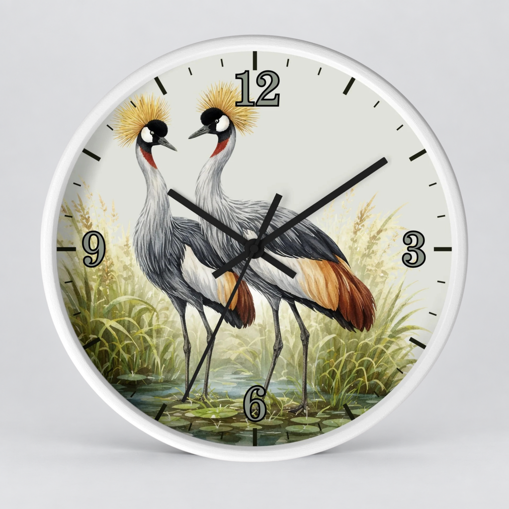 Round wall clock with a white frame and a printed illustration of two crowned cranes standing in a marsh. The clock face has black hour markers and black hands, shown against a light gray background.