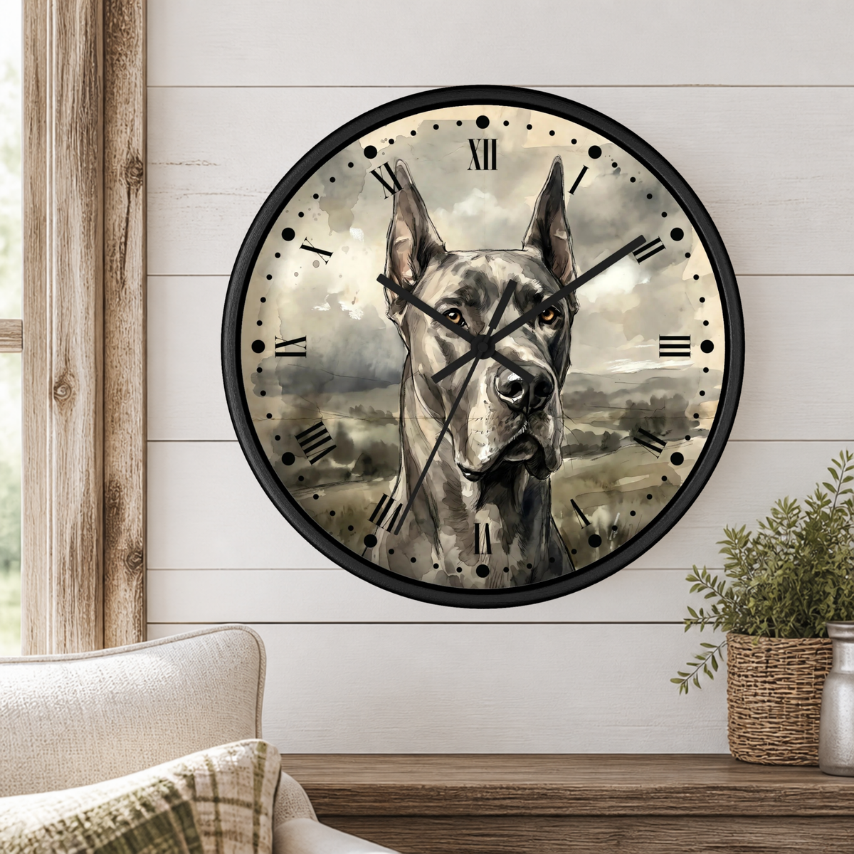A round wall clock with a black frame and a painted Great Dane portrait, mounted on a white shiplap wall above a wooden surface with a plant and part of a chair visible.