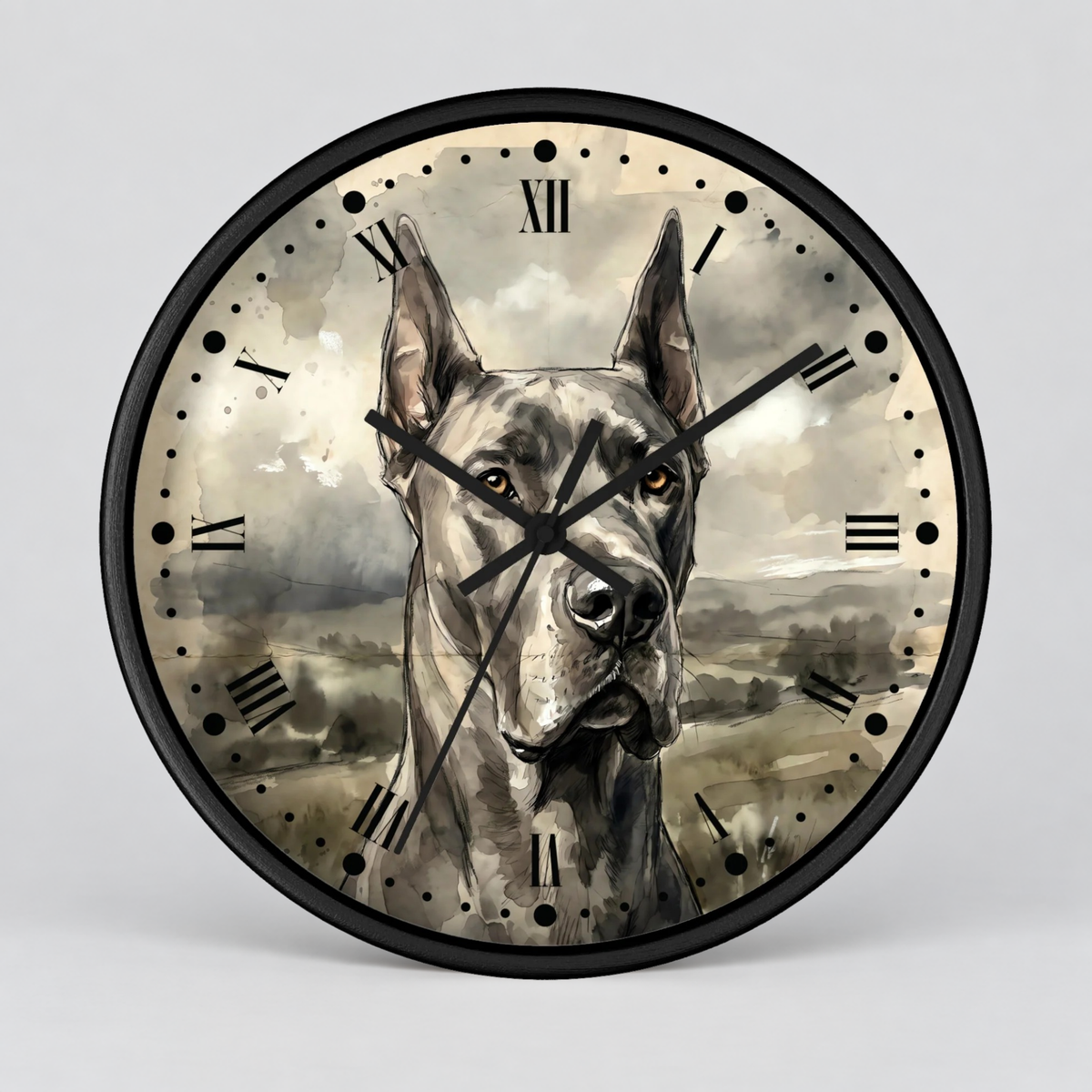 Round wall clock with a black frame and a printed face featuring a large gray-and-white dog portrait over a cloudy landscape. Roman numerals and black clock hands are visible on a light gray background.