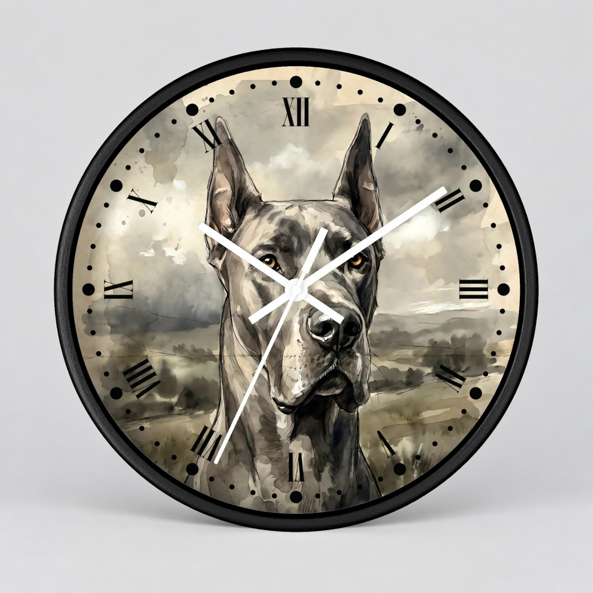 A round wall clock with a black frame and a printed face featuring a large gray dog portrait over a cloudy landscape. The clock uses black Roman numerals and white hands, photographed against a light gray studio background.