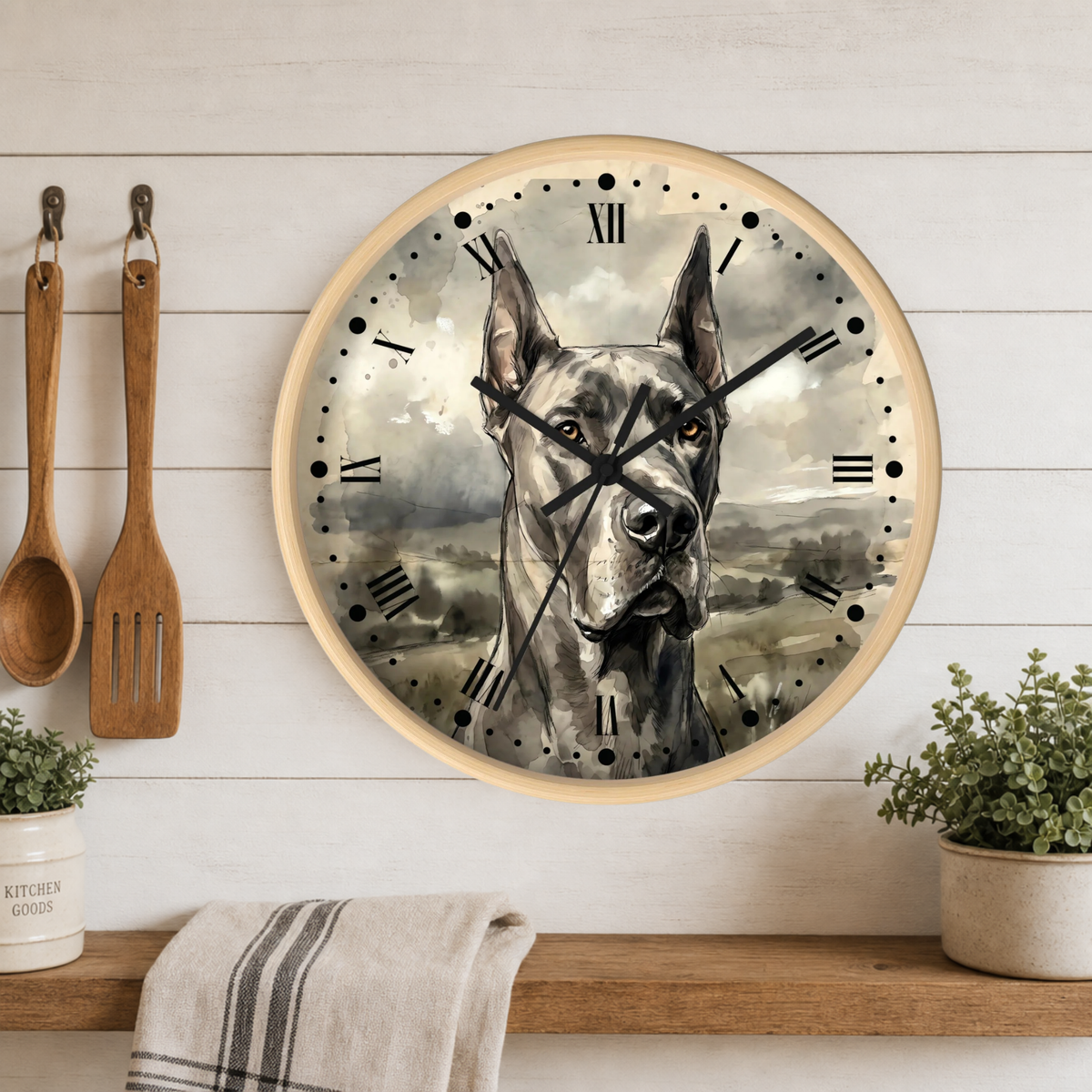 Round wall clock with a large black-and-white Great Dane portrait on the face, mounted on a white wood plank wall above a wooden shelf with kitchen utensils, plants, and a towel.