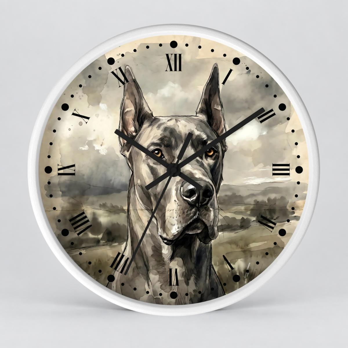 Grey Great Dane Wall Clock — Vintage Dog Portrait Pet Lover Decor