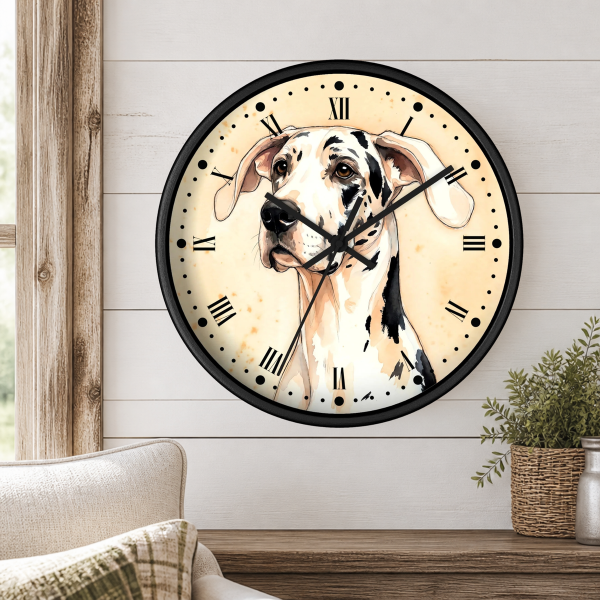 Harlequin Great Dane Wall Clock — Vintage Dog Art Decor