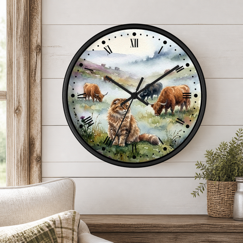 A round wall clock with a black frame and a printed illustration of Highland cattle in a grassy field, mounted on a white shiplap wall above a wooden table with a plant and part of a sofa visible.