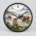 Highland Cattle and Scottish Fold Cat Watercolor Wood Wall Clock