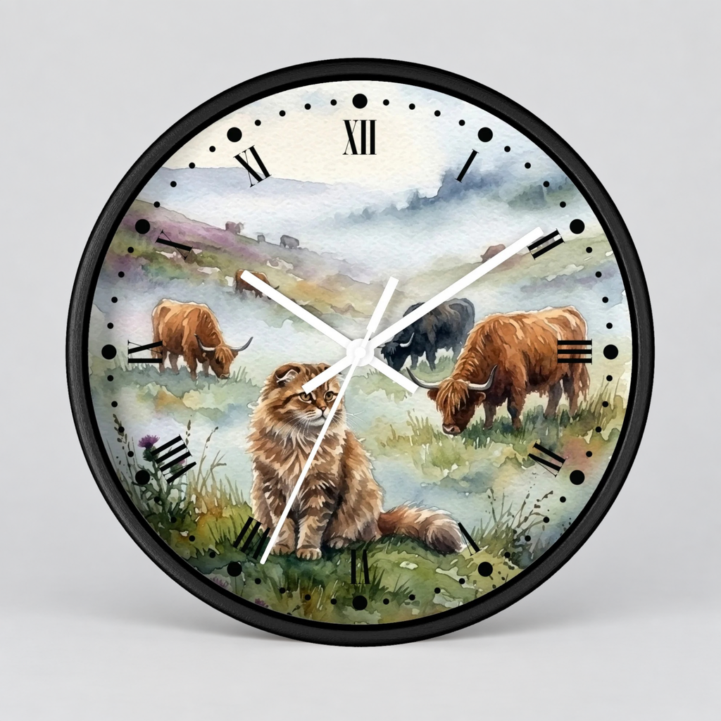 Highland Cattle and Scottish Fold Cat Watercolor Wood Wall Clock