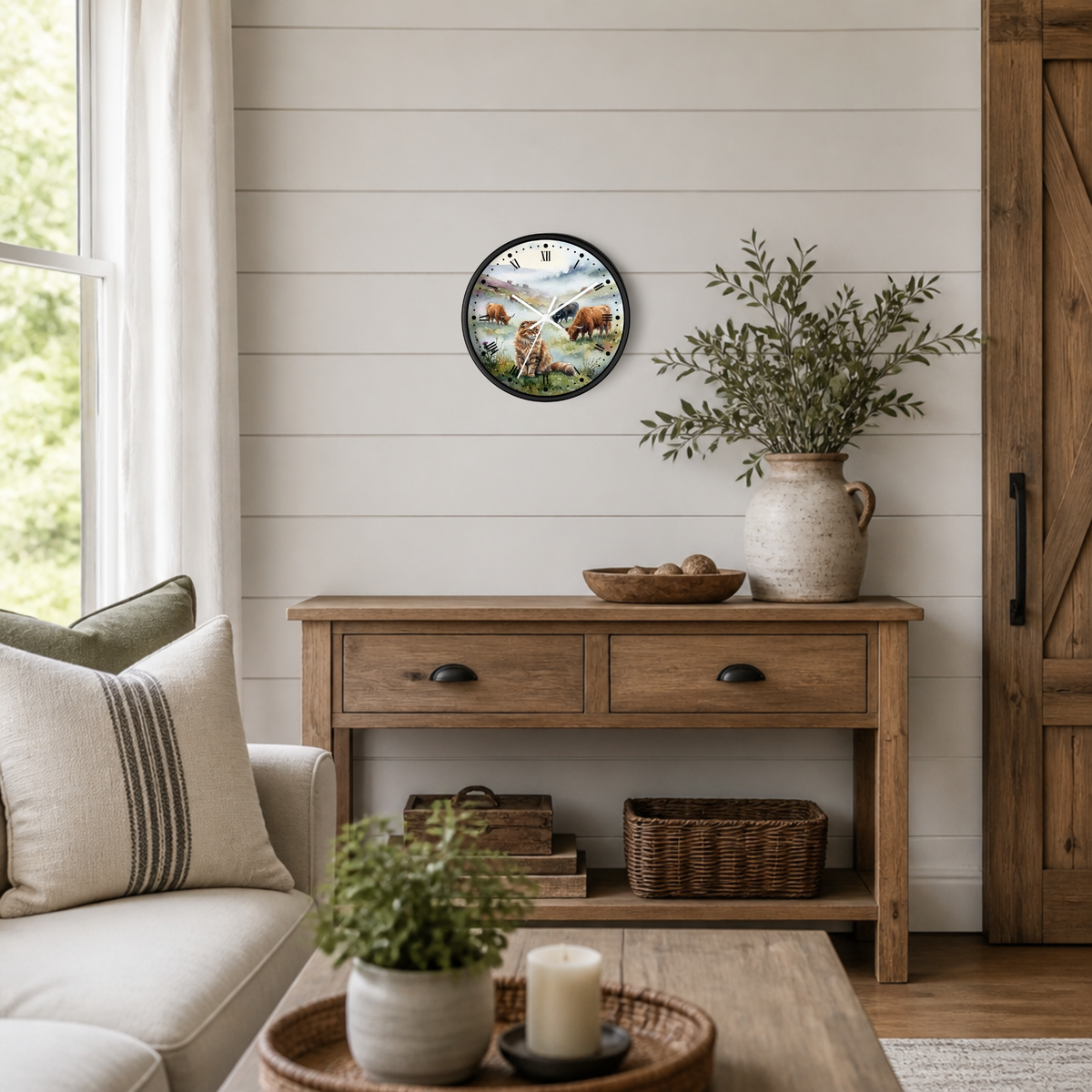 Highland Cattle and Scottish Fold Cat Watercolor Wood Wall Clock
