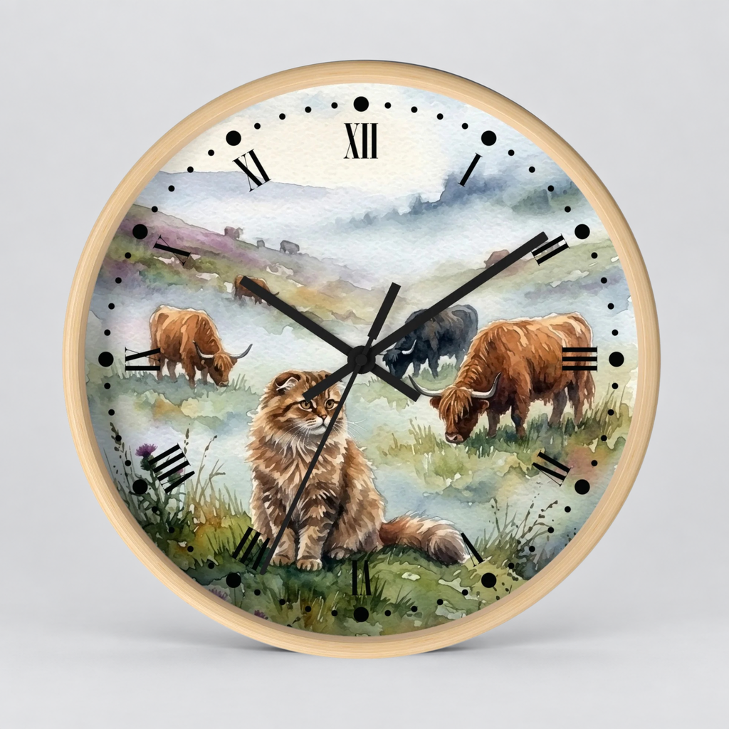 Highland Cattle and Scottish Fold Cat Watercolor Wood Wall Clock