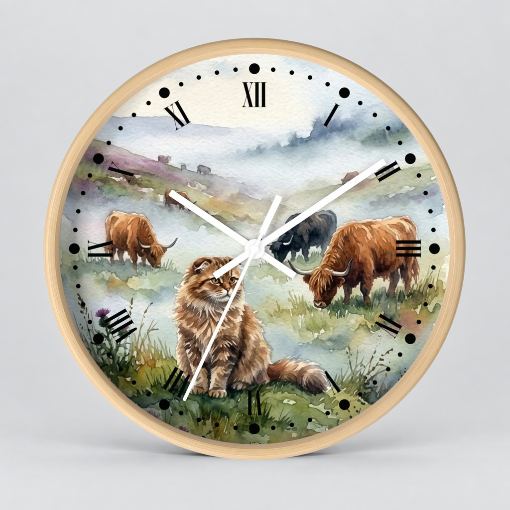 Highland Cattle and Scottish Fold Cat Watercolor Wood Wall Clock