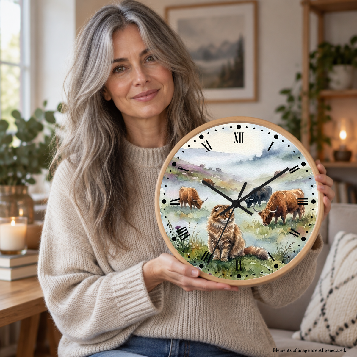 A woman with long gray hair holds a round wall clock in a cozy, sunlit living room. The clock features a light wood frame and a printed illustration of Highland cattle in a green field under a misty sky.