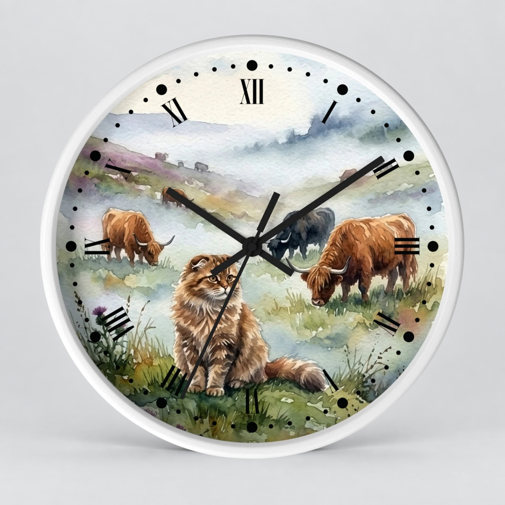 Highland Cattle and Scottish Fold Cat Watercolor Wood Wall Clock