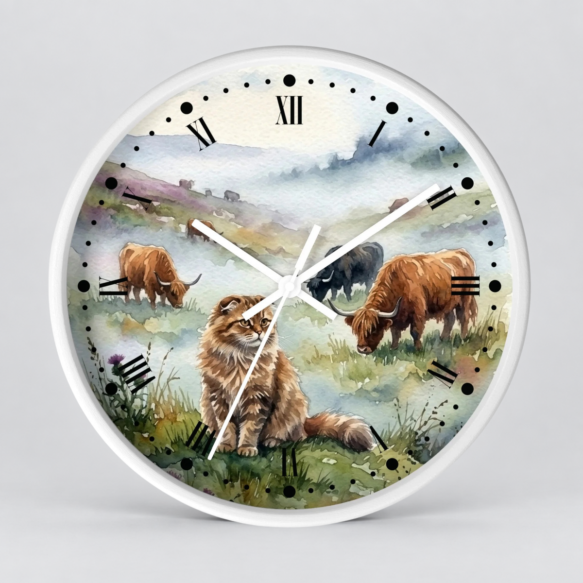Highland Cattle and Scottish Fold Cat Watercolor Wood Wall Clock