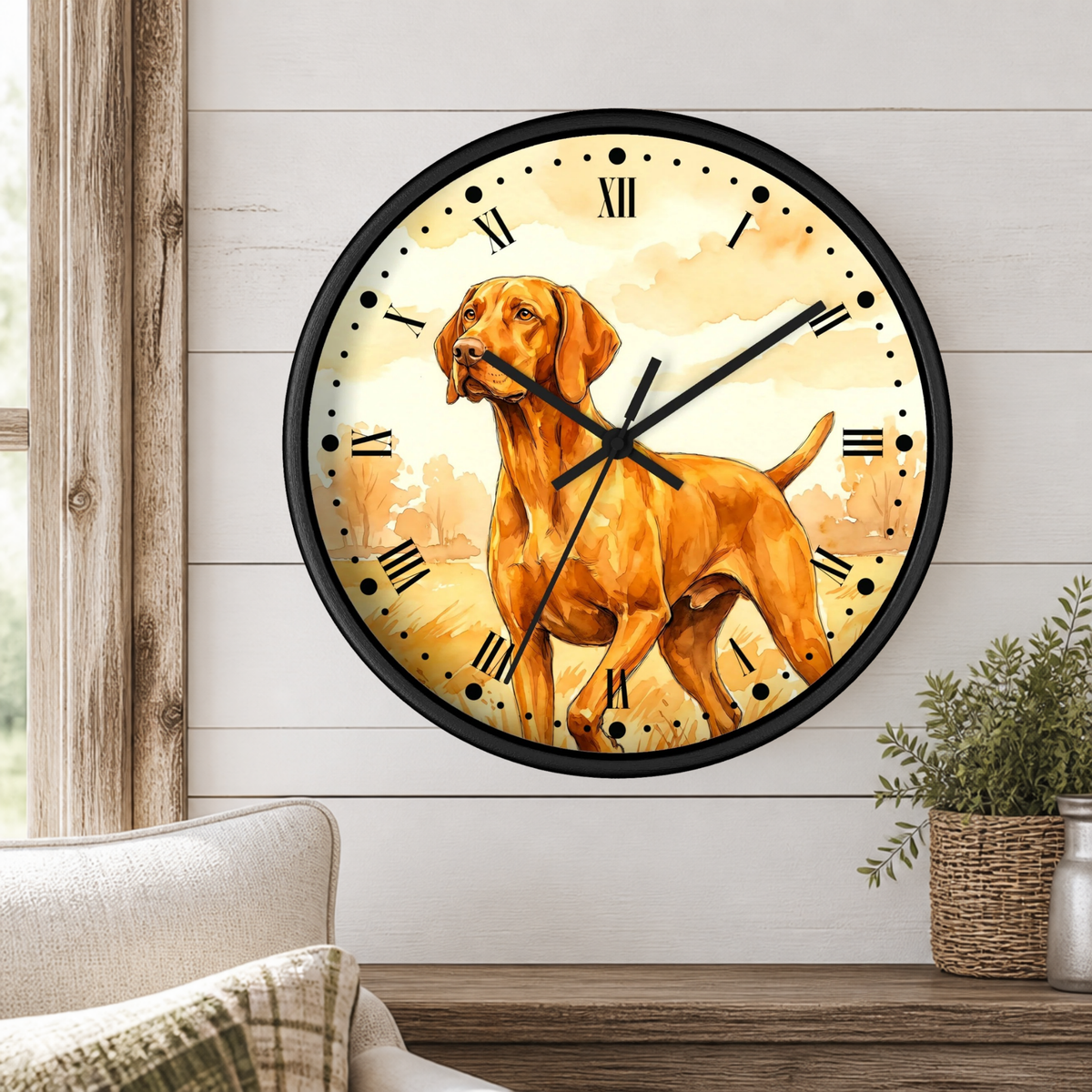 A round wall clock with a black frame and a printed illustration of a Hungarian Vizsla dog on the face, mounted on a white shiplap wall above a wooden table with a potted plant.