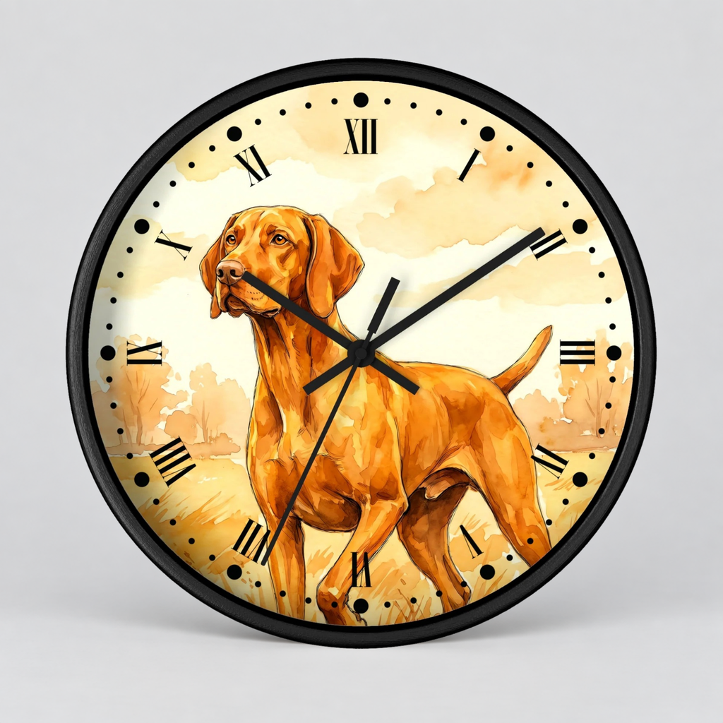 Round wall clock with a black frame and a printed illustration of a Hungarian Vizsla dog on the face, with Roman numerals and black hands, shown against a light gray background.