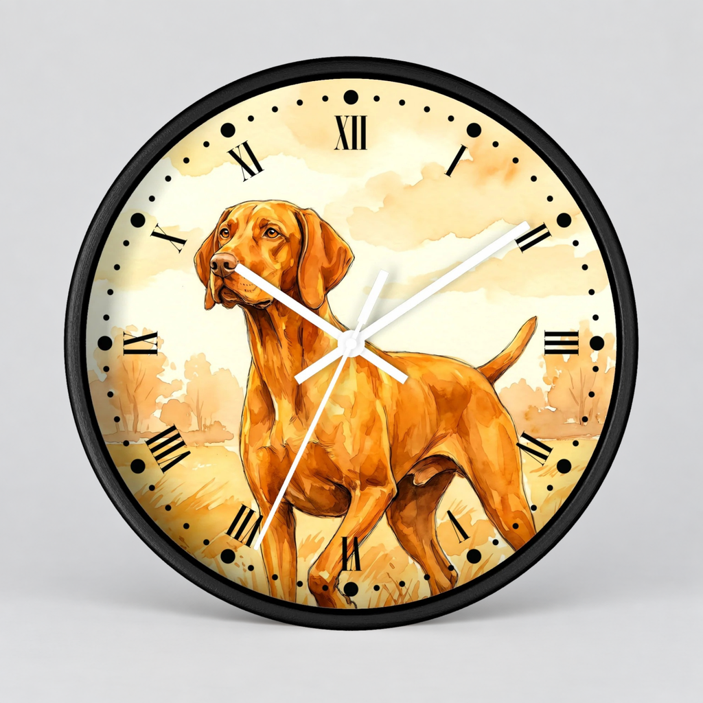 A round wall clock with a black frame and a printed illustration of a Hungarian Vizsla dog on the face, with black Roman numerals and white hands, shown against a light gray background.