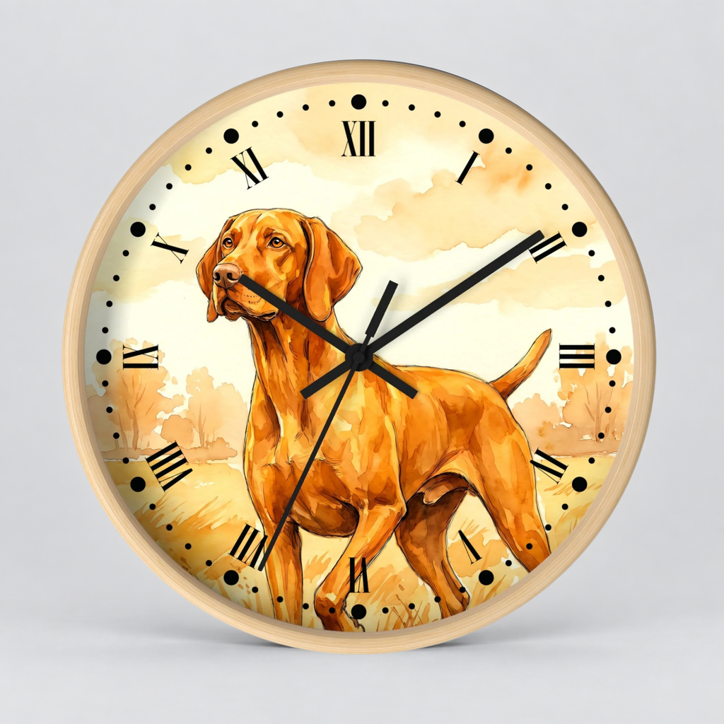 Round wall clock with a light wood frame and a printed dog illustration on the face, set against a plain light gray background.