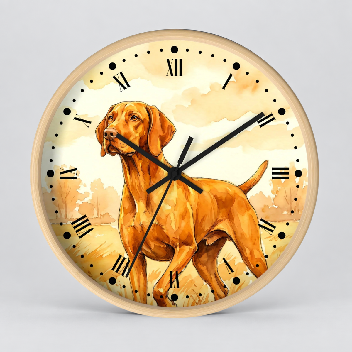 Round wall clock with a light wood frame and a printed dog illustration on the face, set against a plain light gray background.