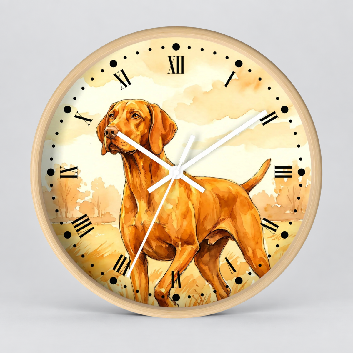 Round wall clock with a light wood frame and a printed illustration of a golden-brown dog standing in a soft beige landscape. The clock face has black Roman numerals and black dot hour markers, with white clock hands.