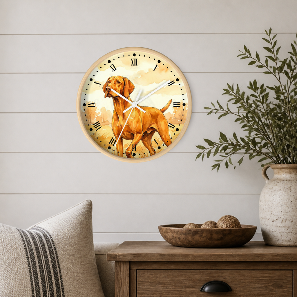 A round wall clock featuring a Hungarian Vizsla illustration, styled on a white shiplap wall above a wooden side table with a vase and pillows.