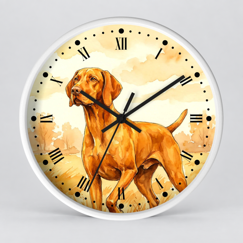 A round wall clock with a white frame and a printed dog illustration on the face. The clock features black Roman numerals, black hour and minute hands, and black second hands, set against a light gray background.