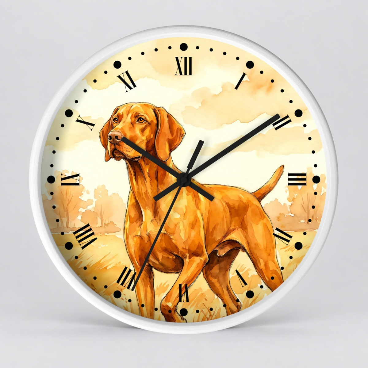A round wall clock with a white frame and a printed dog illustration on the face. The clock features black Roman numerals, black hour and minute hands, and black second hands, set against a light gray background.
