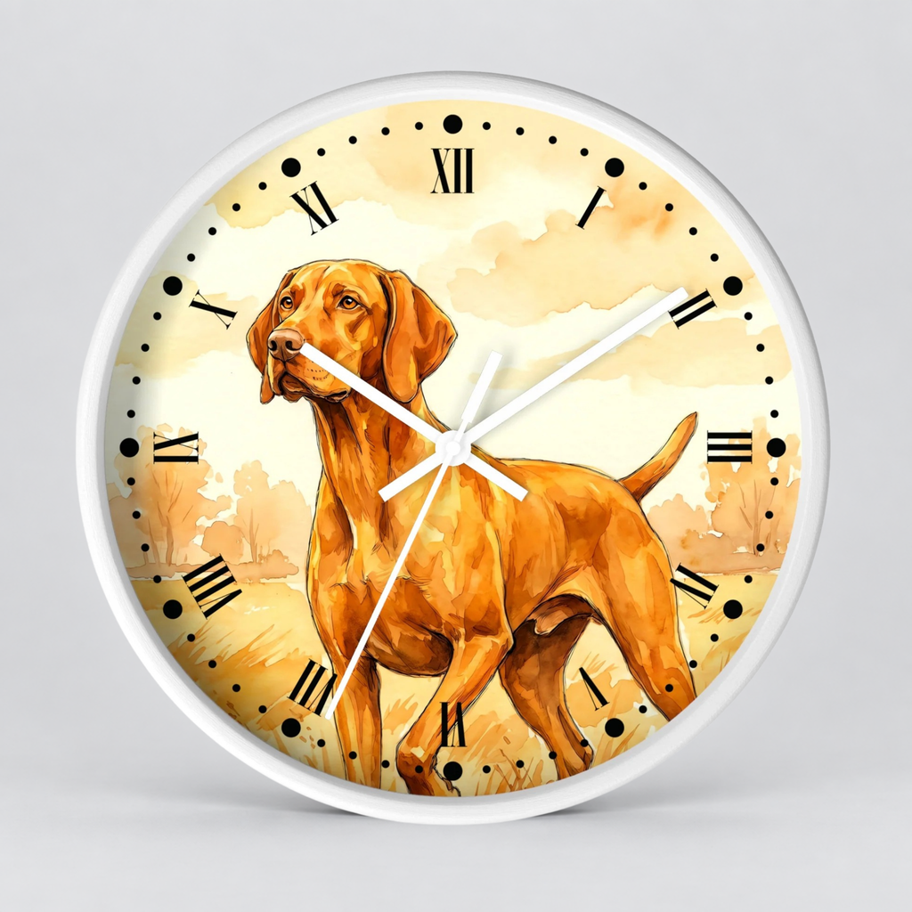 Round wall clock with a white frame and a printed illustration of a Hungarian Vizsla dog on the face, with black Roman numerals and white hands, shown against a light gray background.