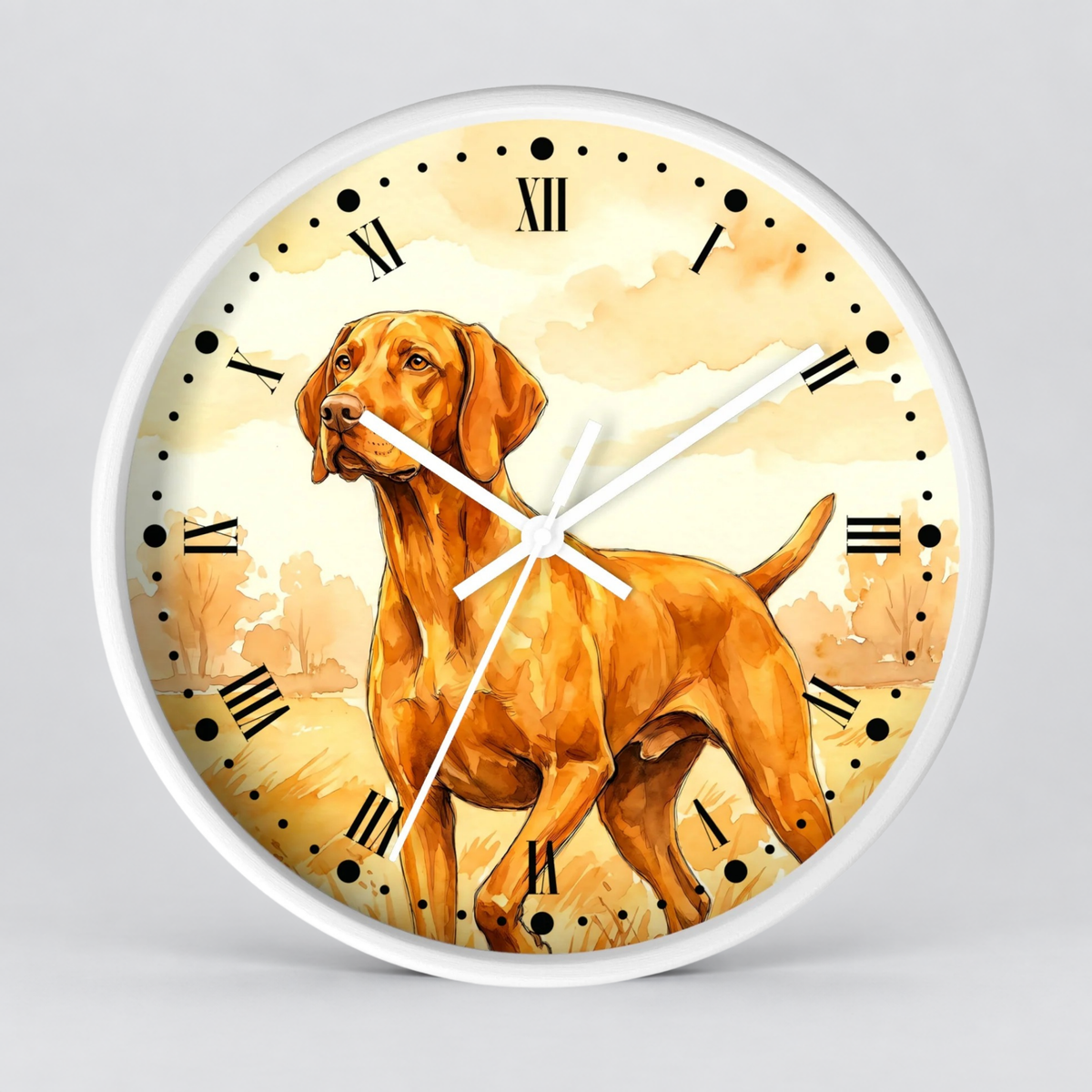 Round wall clock with a white frame and a printed illustration of a Hungarian Vizsla dog on the face, with black Roman numerals and white hands, shown against a light gray background.