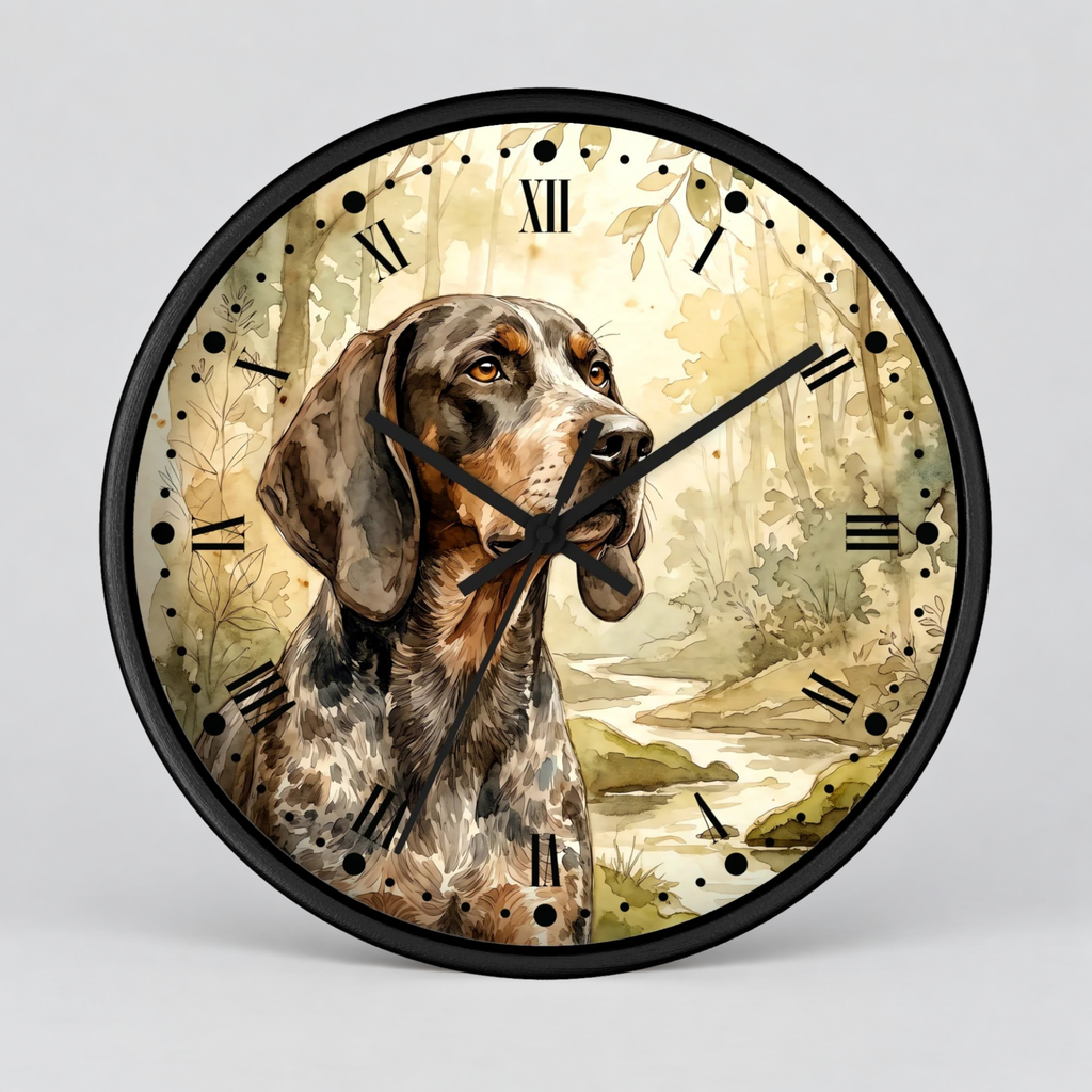 Round wall clock with a black frame and a printed illustration of a brown and white dog in a forest setting, with black Roman numerals and hands on a light gray background.