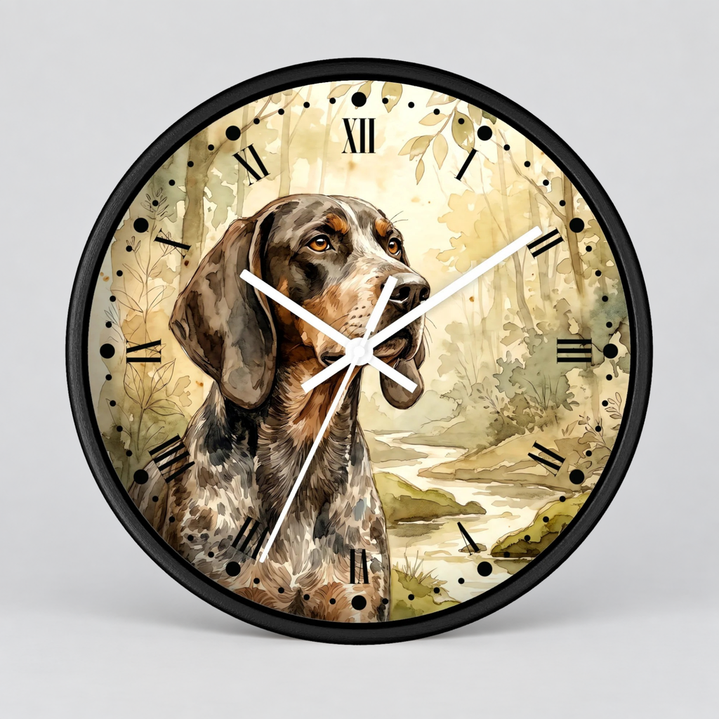 Round wall clock with a black frame and a printed illustration of a brown and white dog in a misty forest scene, with black Roman numerals and white clock hands on a light gray background.