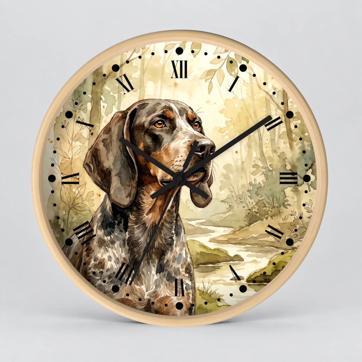 Round wall clock with a light wood frame and a printed illustration of a hunting dog in a forest on the clock face, with black Roman numerals and black hands.