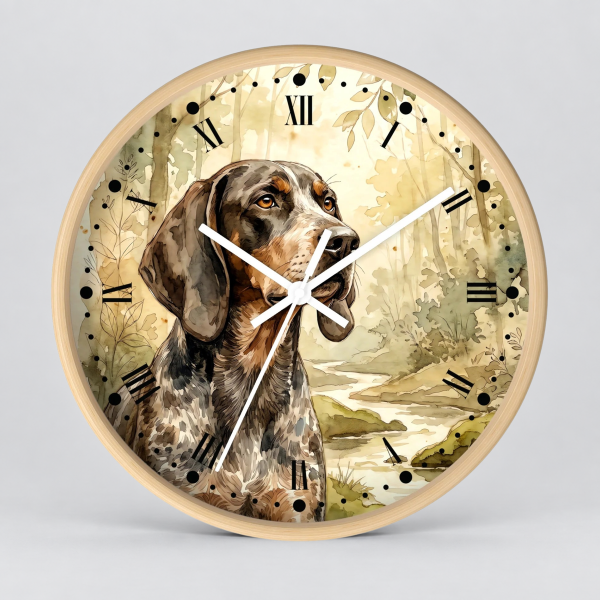 Round wall clock with a light wood frame and a printed dog portrait on the face. The artwork shows a brown and white dog in front of a soft beige forest scene, with black Roman numerals and white clock hands.