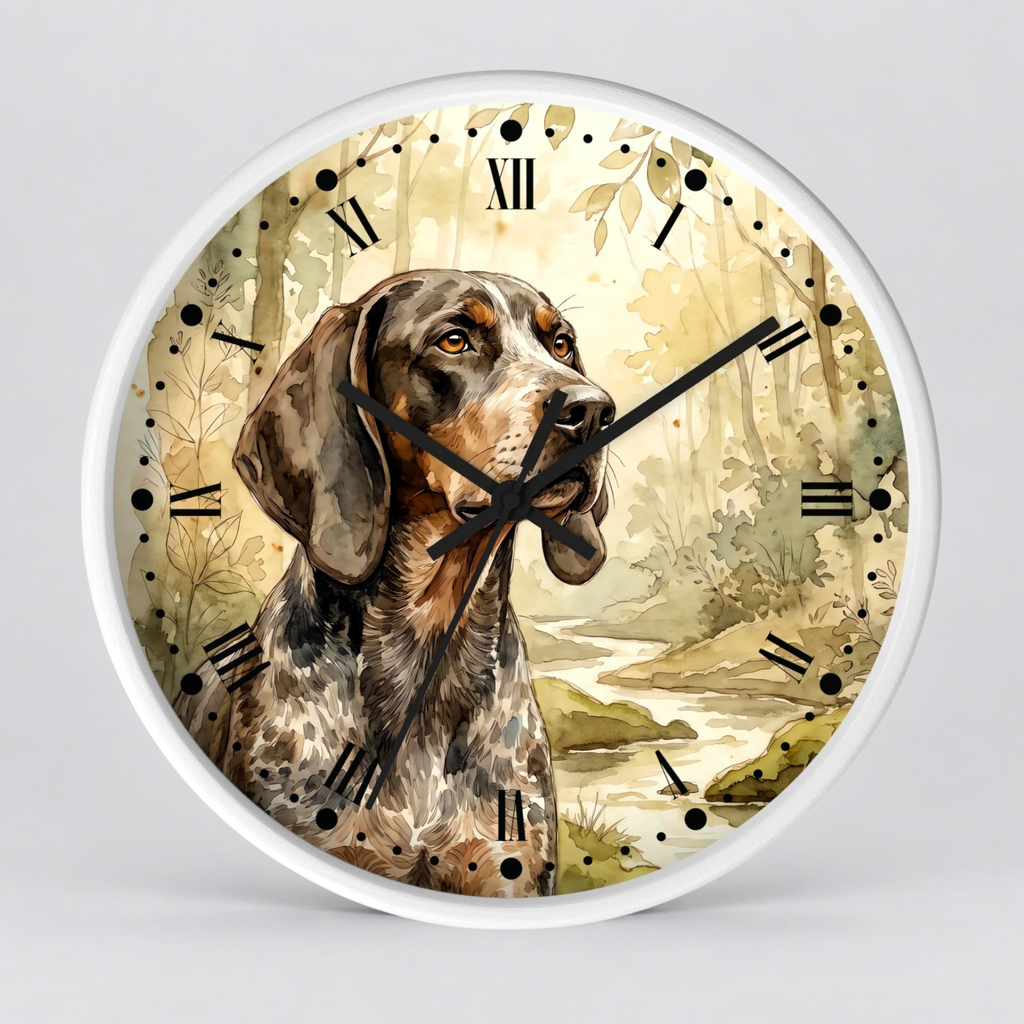 Round wall clock with a white frame and a printed illustration of a brown and black dog in a forest setting, with black Roman numerals and black clock hands on a light gray background.
