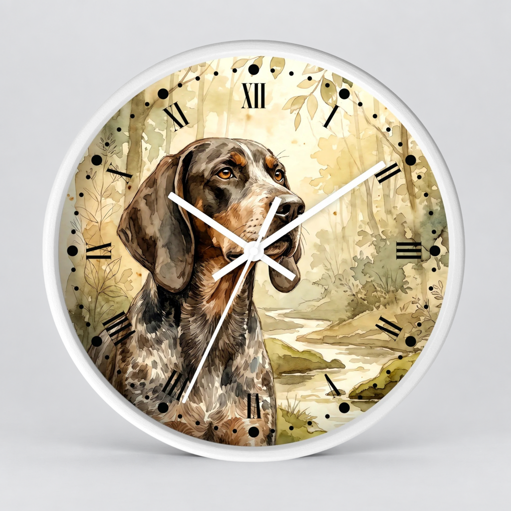 A round wall clock with a white frame and a printed illustration of a brown and black hunting dog in a soft beige woodland scene. The clock face uses Roman numerals for hour markers and has white clock hands.