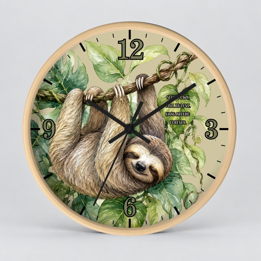 A round wall clock with a light wood frame featuring a detailed illustration of a sloth hanging from a branch among green leaves on a beige background. The clock has black Arabic numerals and black hands, photographed against a neutral light gray background.