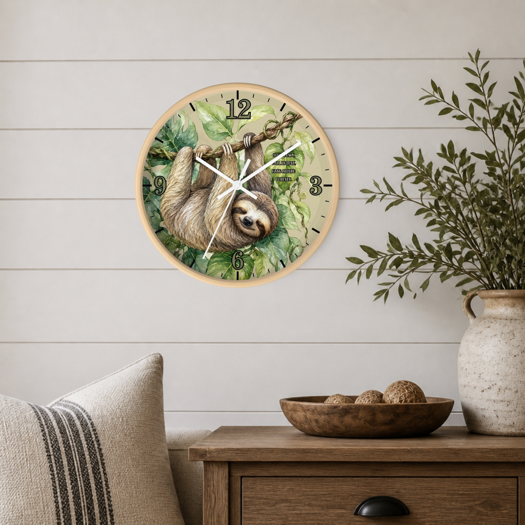 A round wall clock featuring a sloth illustration on a leafy green background, mounted on a white shiplap wall above a wooden side table with a vase and bowl.