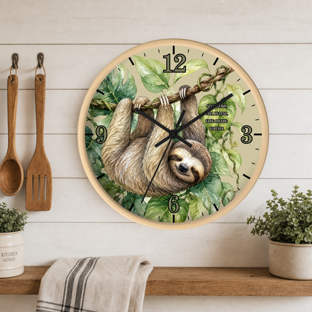Round wall clock with a wood-look frame featuring an illustration of a sloth hanging among green leaves, mounted on a white wood plank wall above a shelf with kitchen utensils and plants.