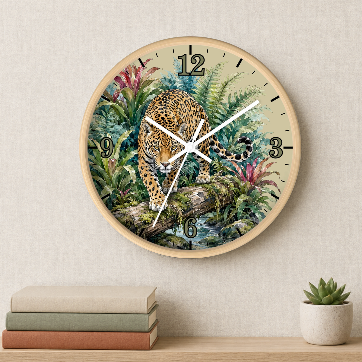 Round wall clock with a natural wood frame and a detailed illustration of a leopard in a lush jungle on the face. The clock is mounted on a textured beige wall above a wooden shelf with stacked books and a small potted succulent.