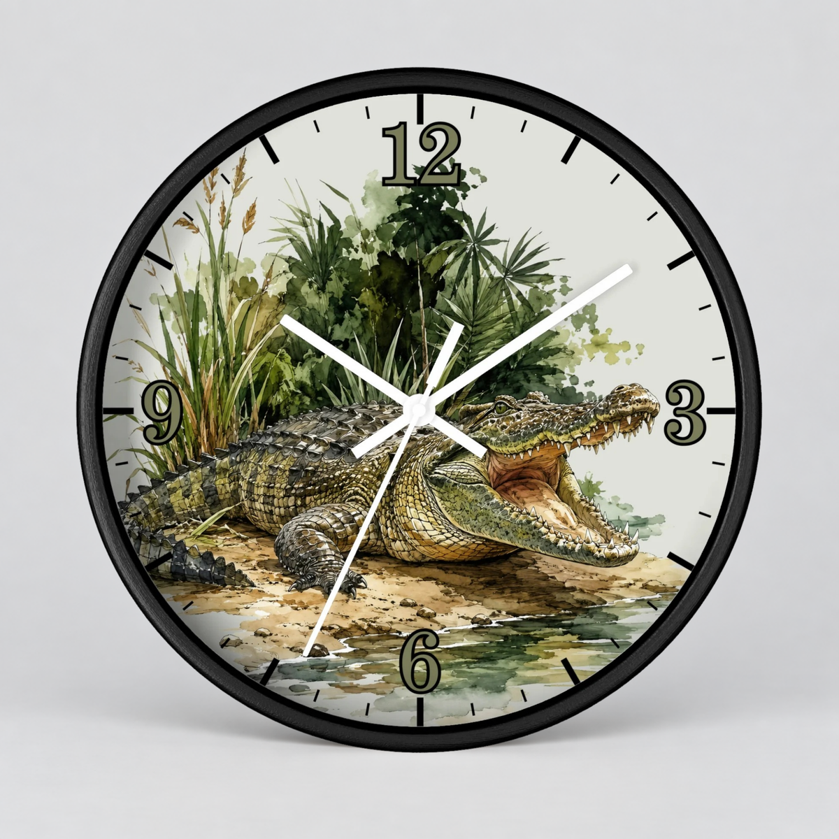 Round wall clock with a black frame and a printed illustration of an alligator in a swampy landscape, with black Arabic numerals and white clock hands, shown on a light gray background.