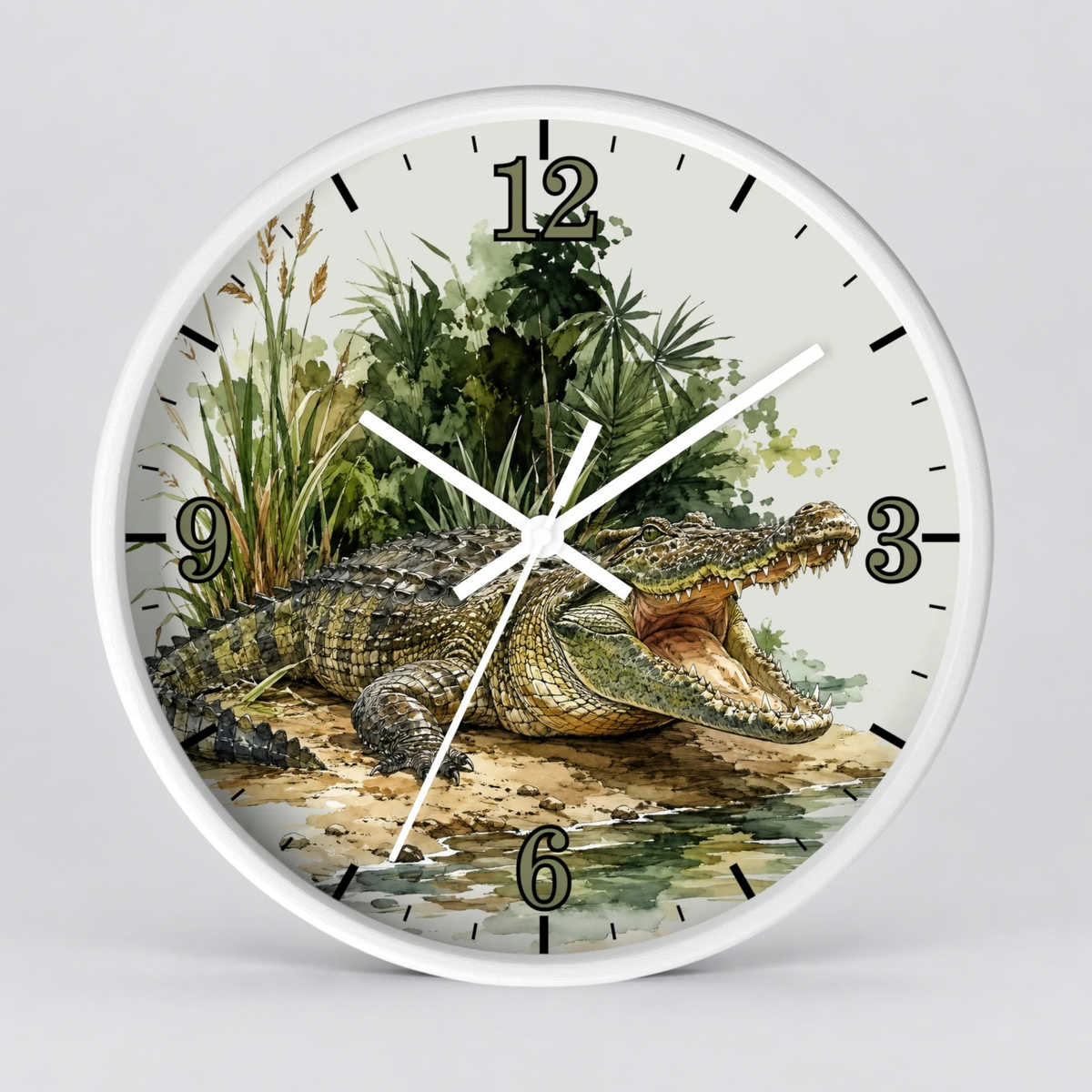 A round wall clock with a white frame and a printed illustration of an alligator in a swampy landscape, with black Arabic numerals and white hands, shown against a light gray background.