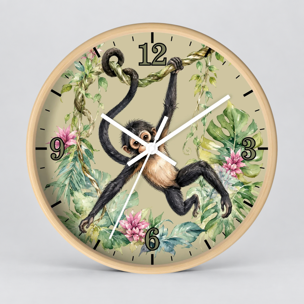 Round wall clock with a light wood frame and a tropical jungle illustration featuring a hanging spider monkey, green leaves, pink flowers, and black Arabic numerals on a light beige background.