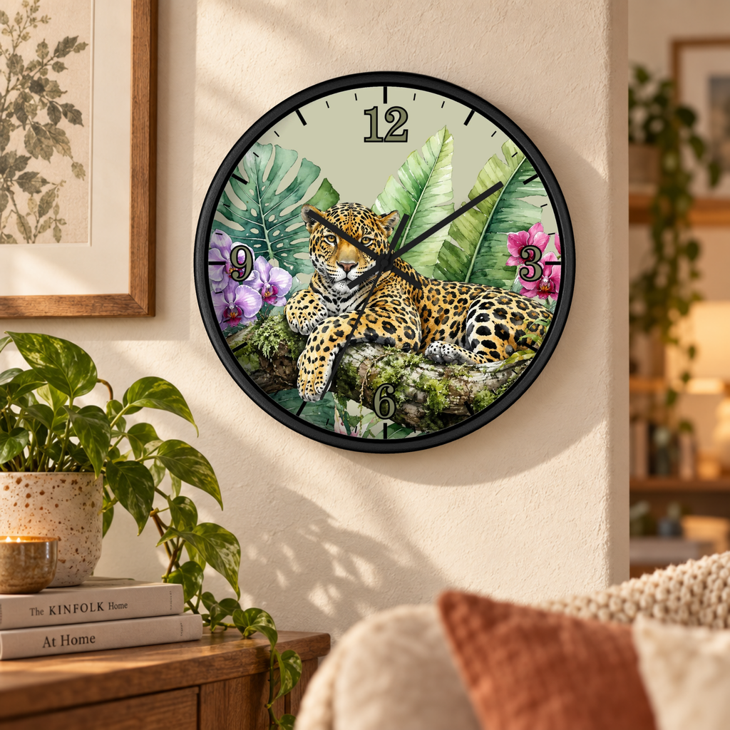A round wall clock with a black frame hangs on a beige wall in a styled room. The clock face features a tropical jungle leopard design with green leaves, pink flowers, and a spotted big cat resting on a log.