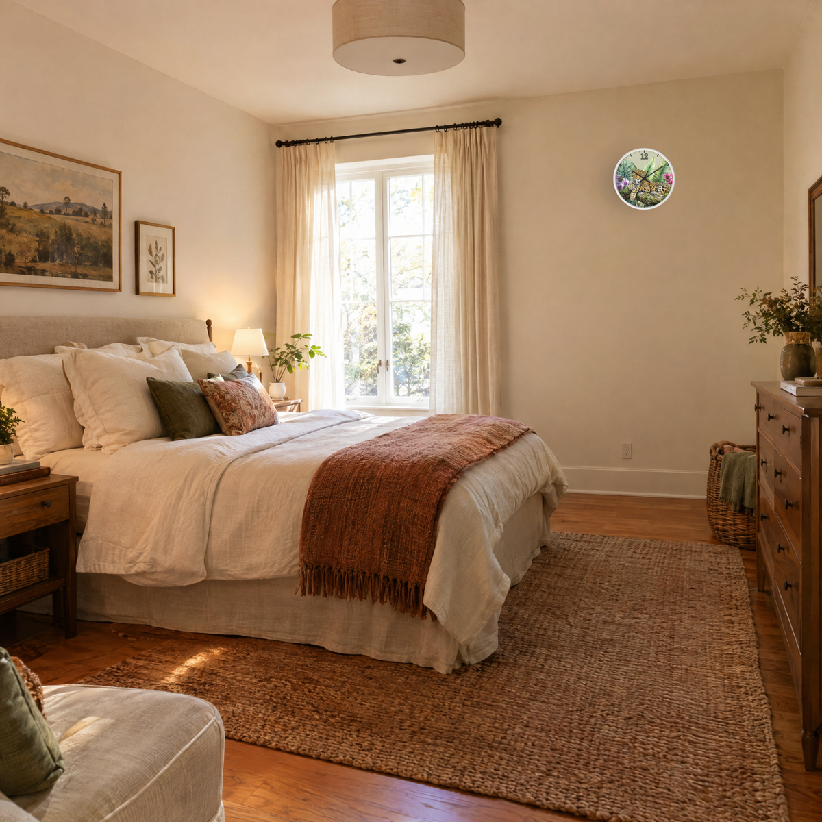 A beautifully styled bedroom featuring a bed dressed in white linens and a rust-colored throw blanket, set on a large woven jute rug. The room has warm beige walls, a wooden dresser, and a window with sheer curtains.
