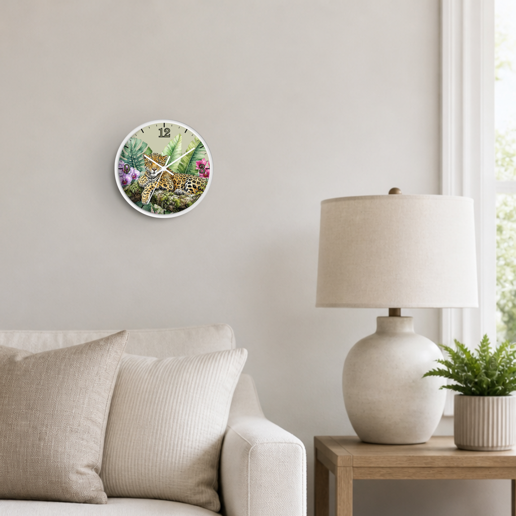 A round wall clock with a colorful jungle leopard print hangs on a light gray wall in a styled living room setting next to a white table lamp and a small potted plant.