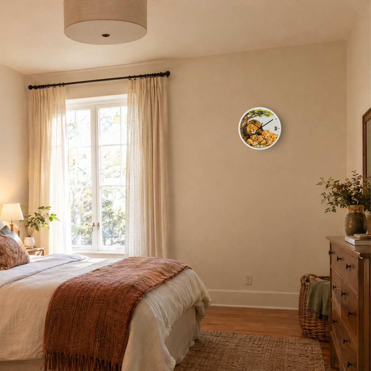 A bedroom interior with a bed, window, curtains, dresser, and a small round wall clock showing a lion family portrait on the wall.