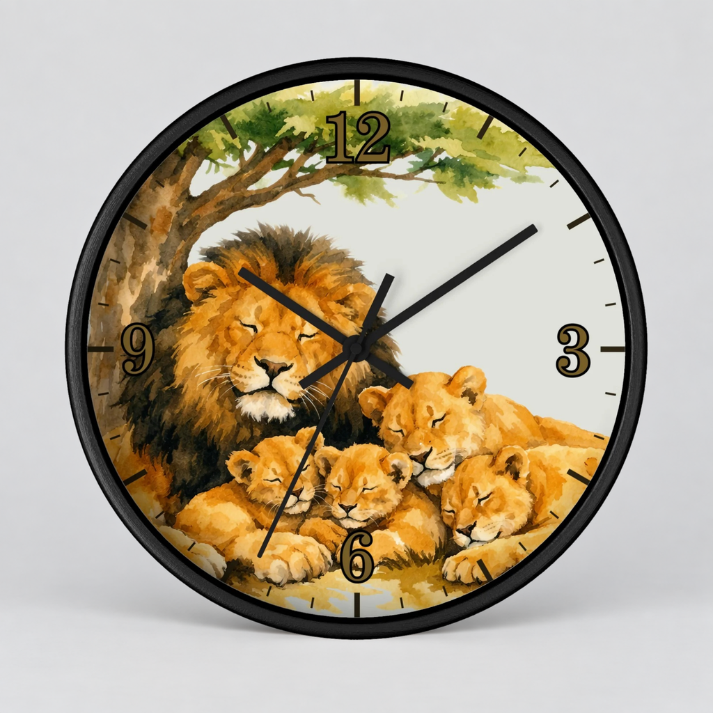 A round wall clock with a black frame and a printed illustration of a lion family under a tree. The clock face has a white background with black hour markers and black hands.