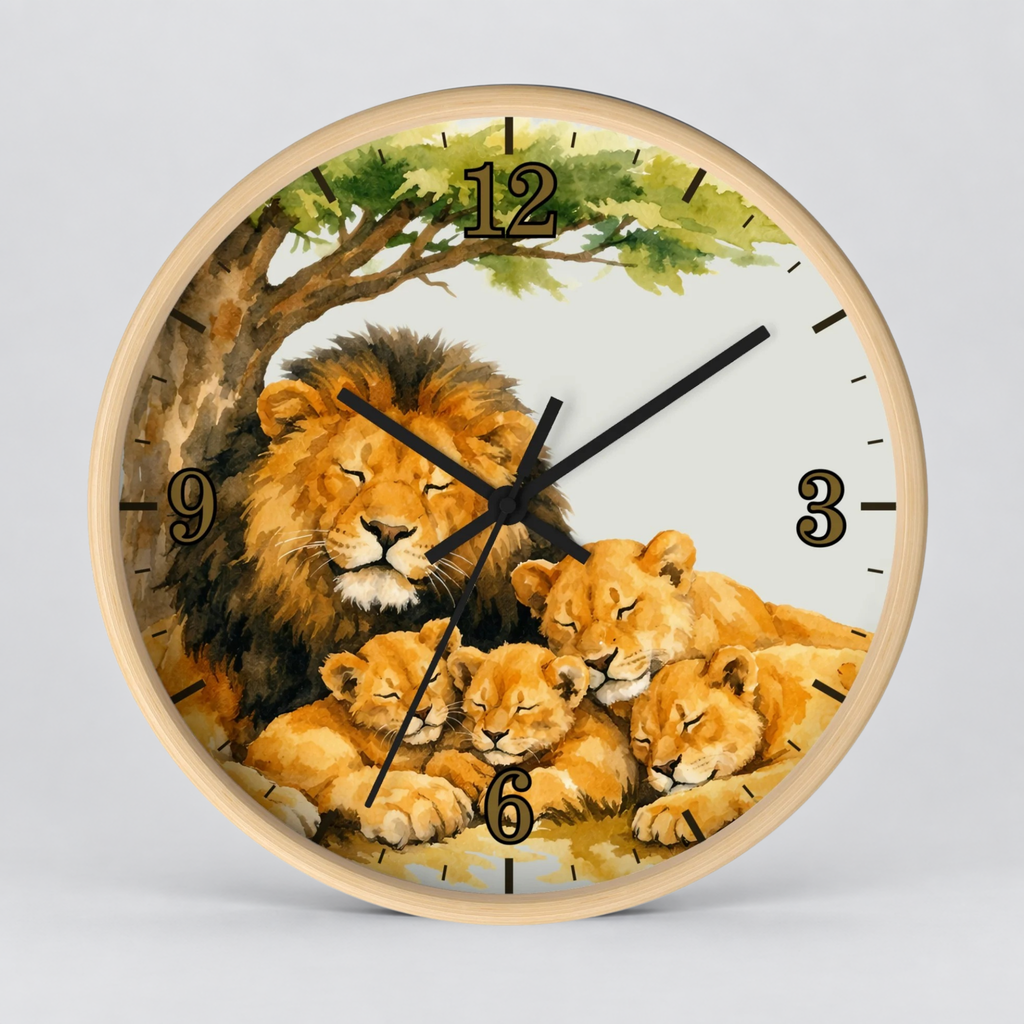 Round wall clock with a light wood frame and a printed illustration of a lion and four lion cubs under a tree, with black Arabic numerals and black clock hands on a light gray background.