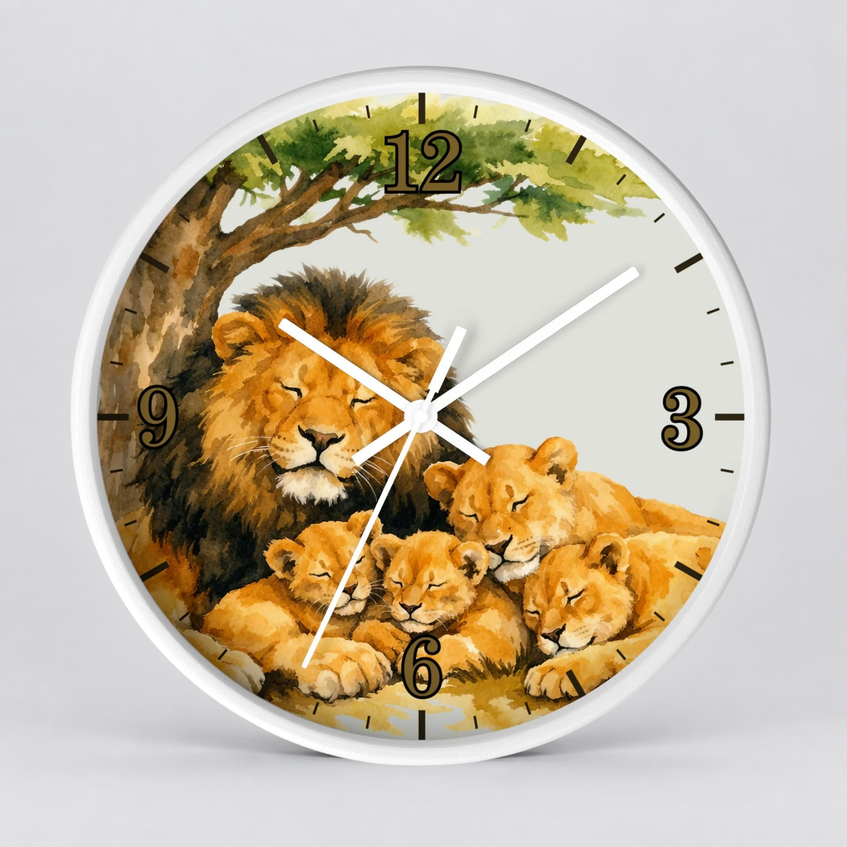 A round wall clock with a white frame and a printed illustration of a lion and three lion cubs under a tree, with black Arabic numerals and white hands on a light gray background.