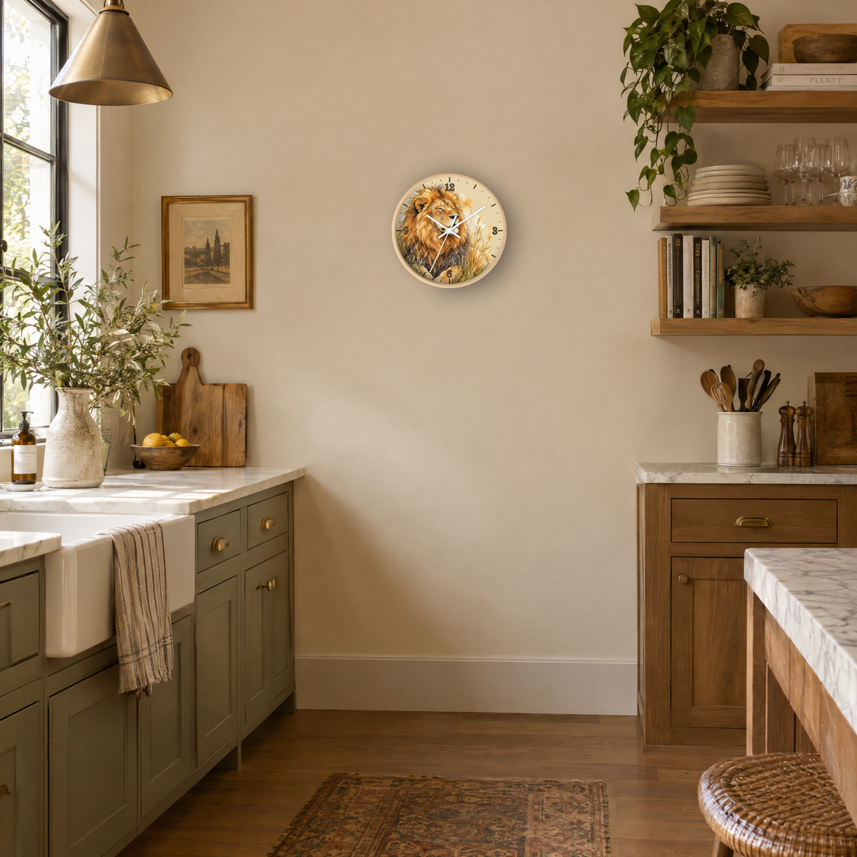 A round wall clock featuring a detailed lion illustration, mounted on a beige wall in a rustic kitchen setting with green cabinets, wooden shelves, and a marble countertop.