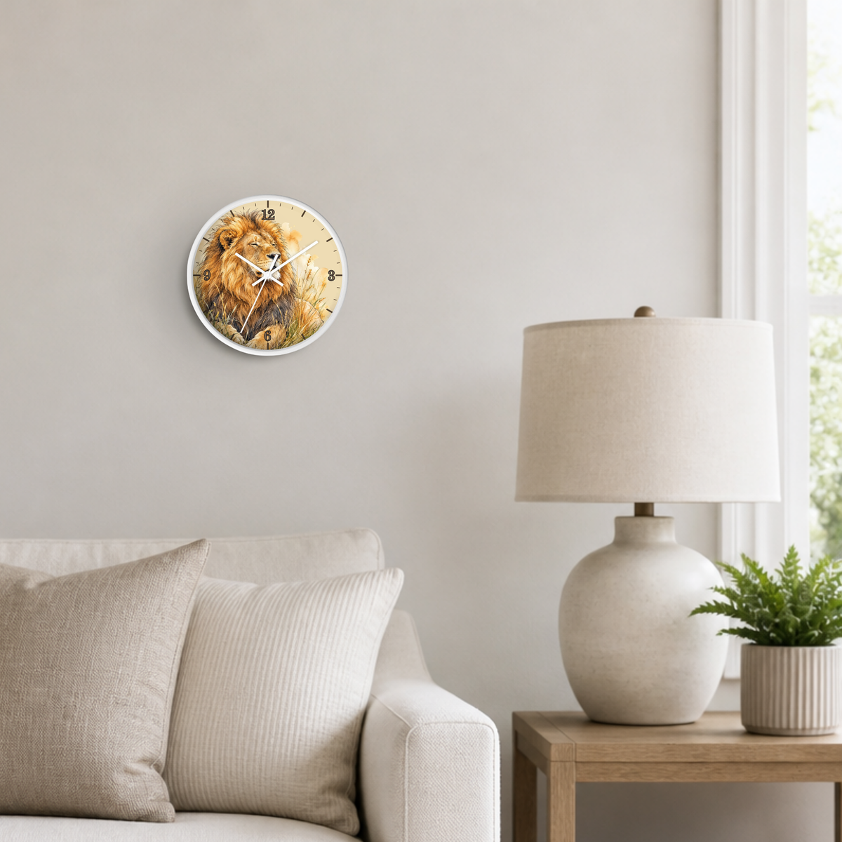 A round wall clock featuring a detailed lion face print, styled in a modern living room setting above a beige sofa next to a white table lamp and a small potted plant.